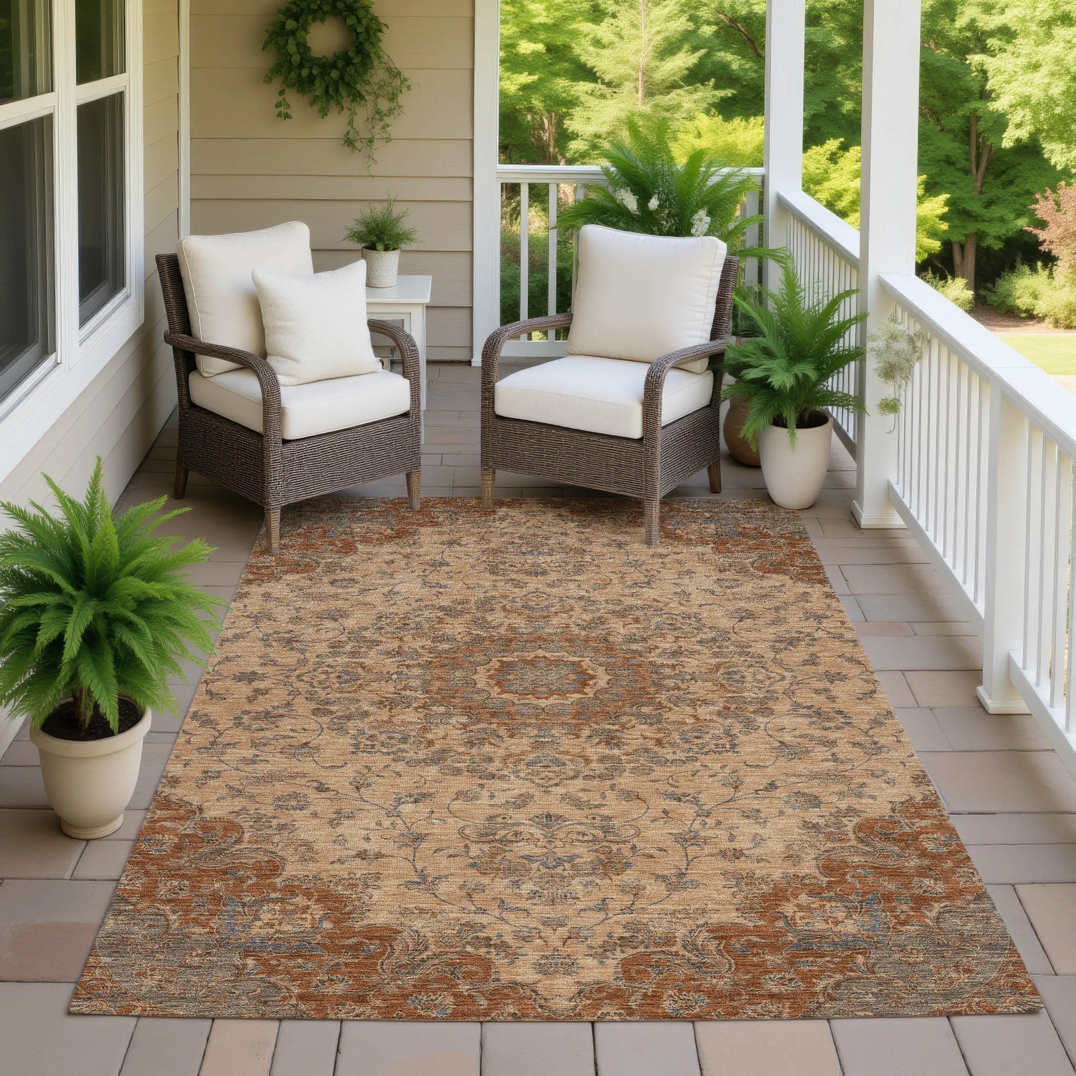 3' X 5' Copper And Orange Floral Medallion Washable Indoor Outdoor Area Rug Homeroots Outdoor