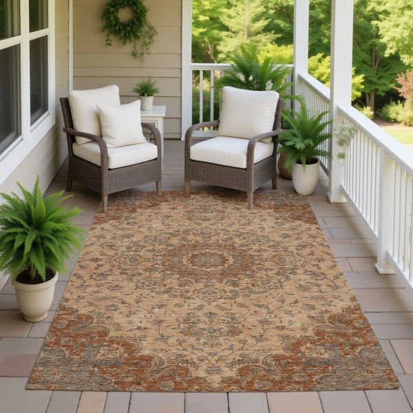 3' X 5' Copper And Orange Floral Medallion Washable Indoor Outdoor Area Rug Homeroots Outdoor