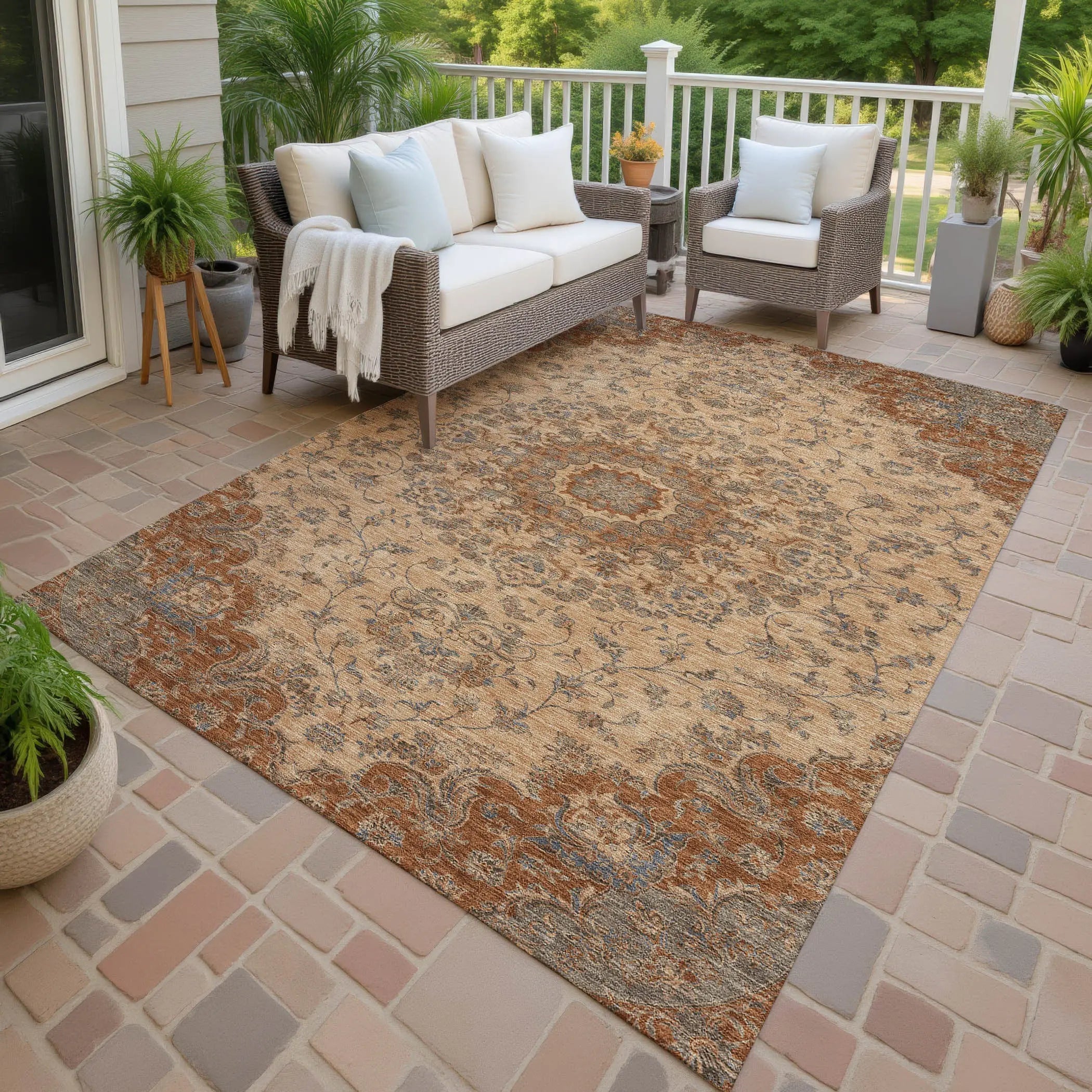 3' X 5' Copper And Orange Floral Medallion Washable Indoor Outdoor Area Rug Homeroots Outdoor