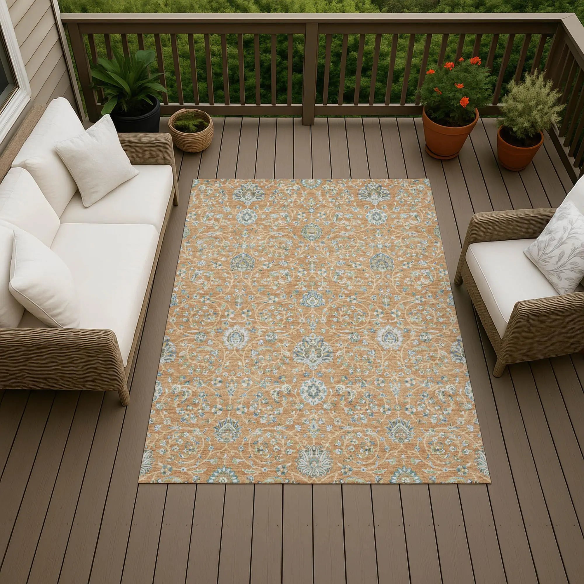 3' X 5' Copper And Orange Floral Washable Indoor Outdoor Area Rug Homeroots Outdoor