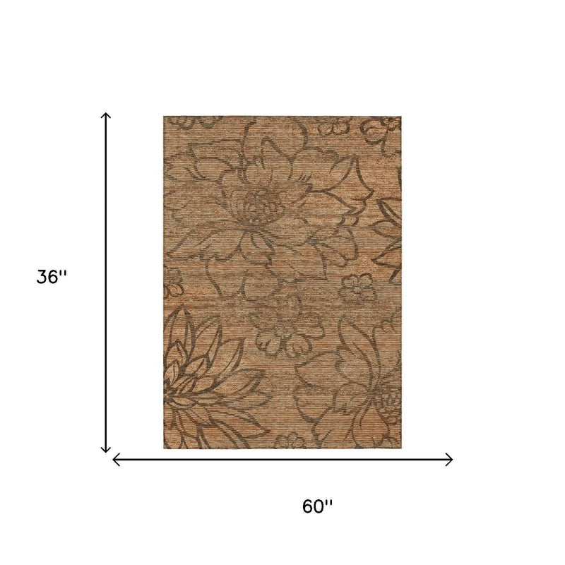 3' X 5' Copper And Orange Floral Washable Indoor Outdoor Area Rug Homeroots Outdoor