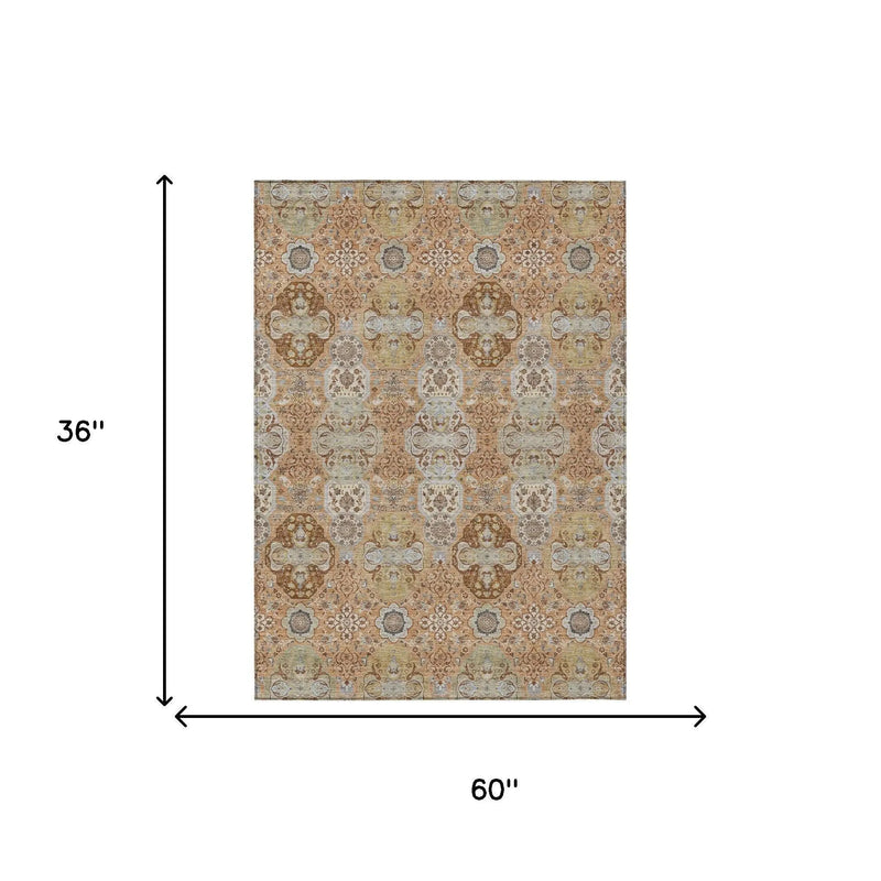 3' X 5' Copper And Orange Floral Washable Indoor Outdoor Area Rug Homeroots Outdoor