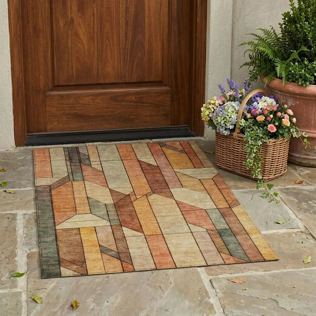 3' X 5' Copper And Orange Geometric Washable Indoor Outdoor Area Rug Homeroots Outdoor