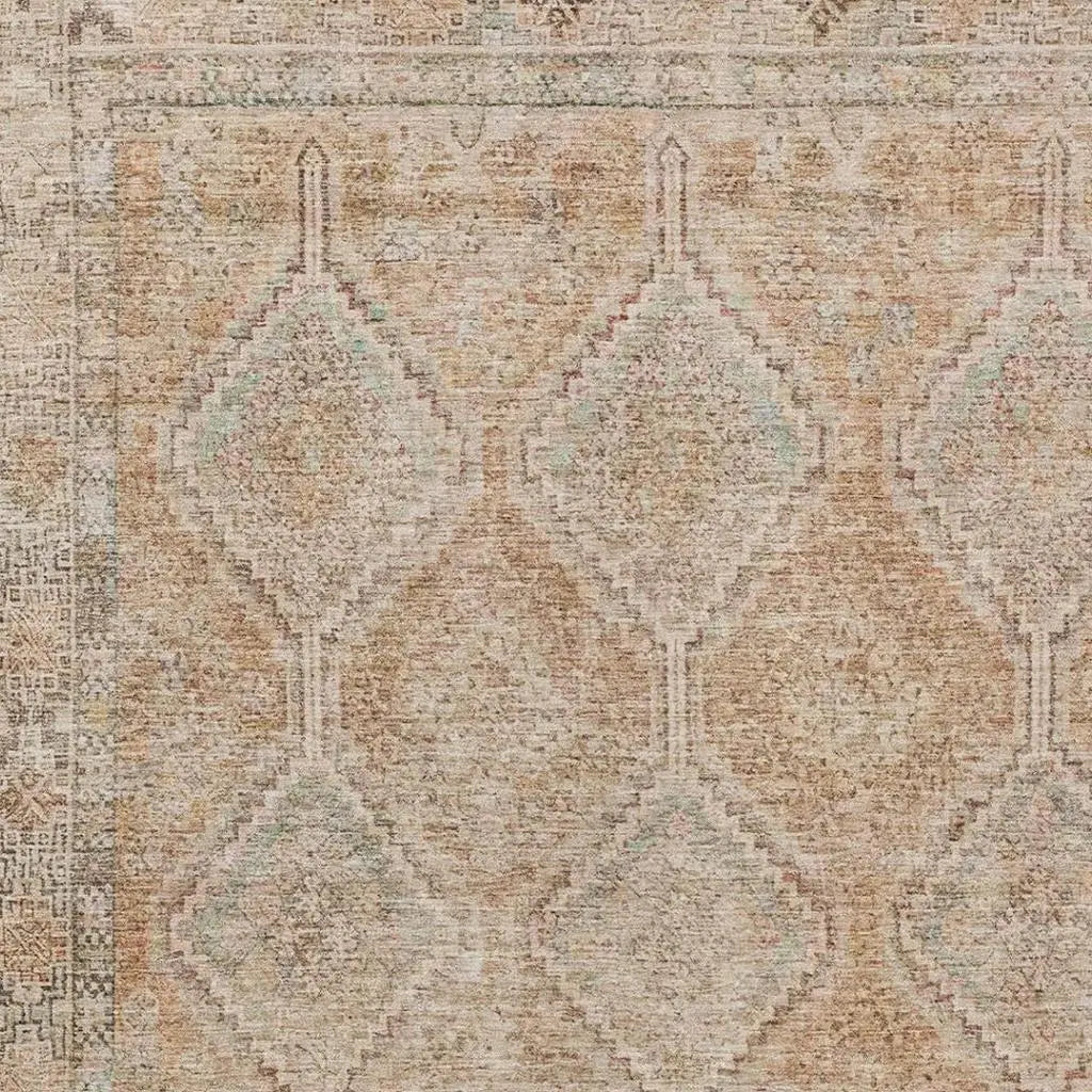 Vintage-inspired beige area rug with intricate diamond patterns in soft pastel shades, perfect for warm home decor.