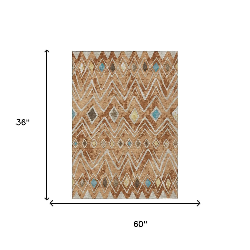 3' X 5' Copper And Taupe Geometric Washable Indoor Outdoor Area Rug Homeroots Outdoor