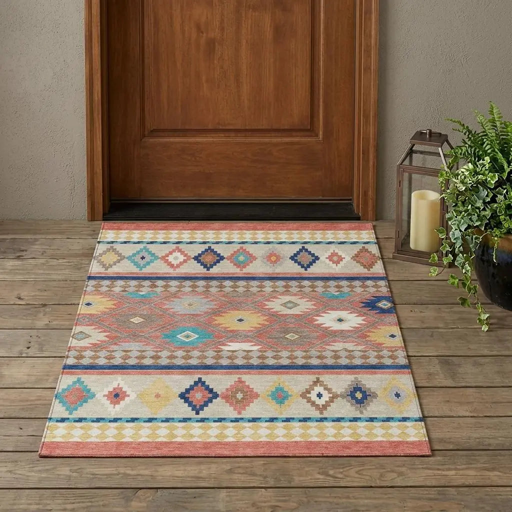 3' X 5' Coral And Beige Southwestern Washable Indoor Outdoor Area Rug Homeroots Outdoor