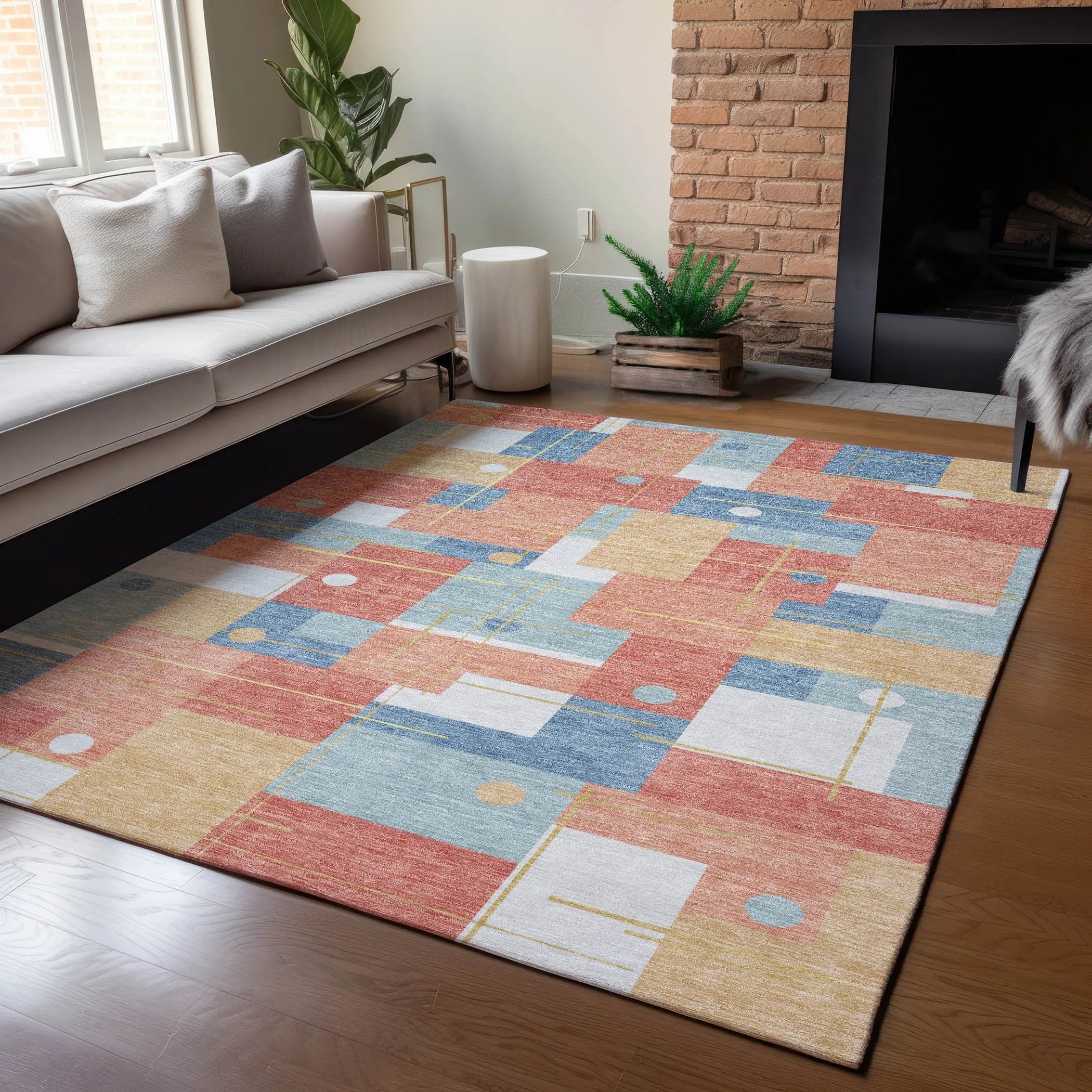 3' X 5' Coral And Brown Geometric Washable Indoor Outdoor Area Rug Homeroots Outdoor