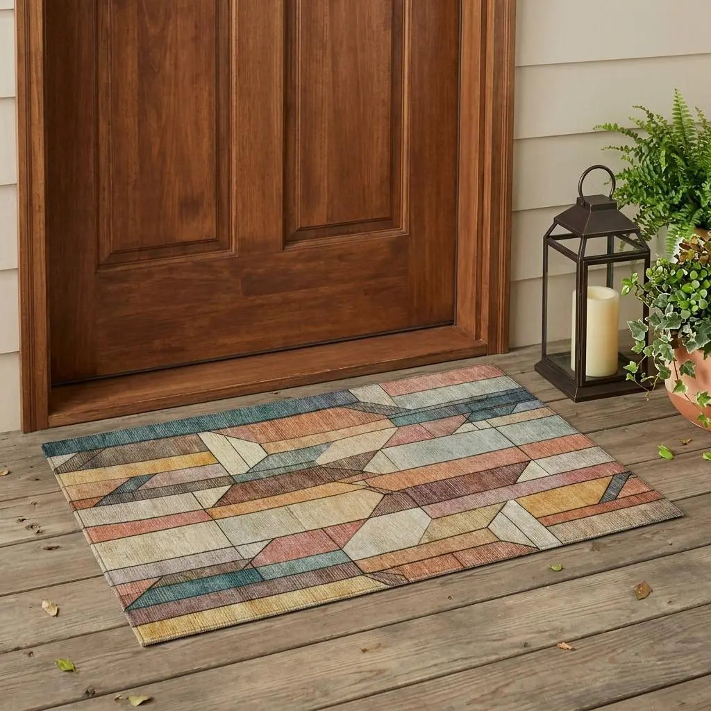 3' X 5' Coral And Orange Geometric Washable Indoor Outdoor Area Rug Homeroots Outdoor