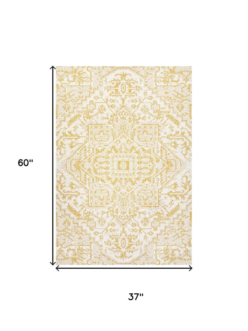 3' X 5' Cream And Yellow Medallion Indoor Outdoor Area Rug Homeroots Outdoor