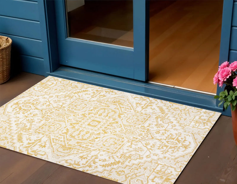 3' X 5' Cream And Yellow Medallion Indoor Outdoor Area Rug Homeroots Outdoor