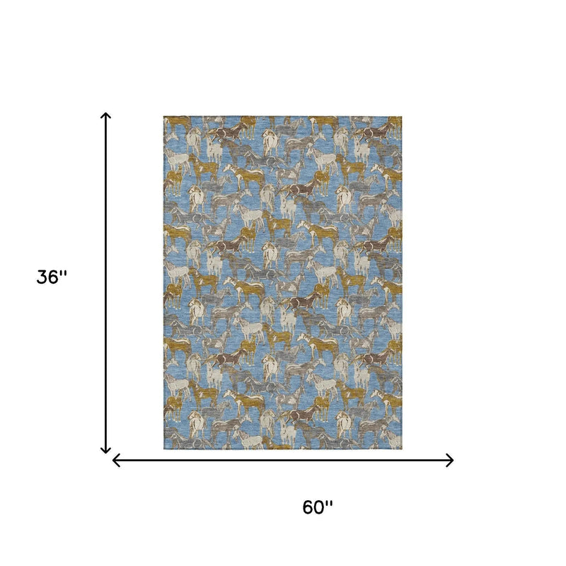 3' X 5' Denim Blue And Beige Horse Washable Indoor Outdoor Area Rug Homeroots Outdoor