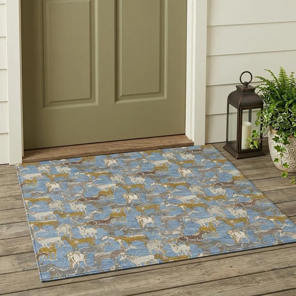 3' X 5' Denim Blue And Beige Horse Washable Indoor Outdoor Area Rug Homeroots Outdoor