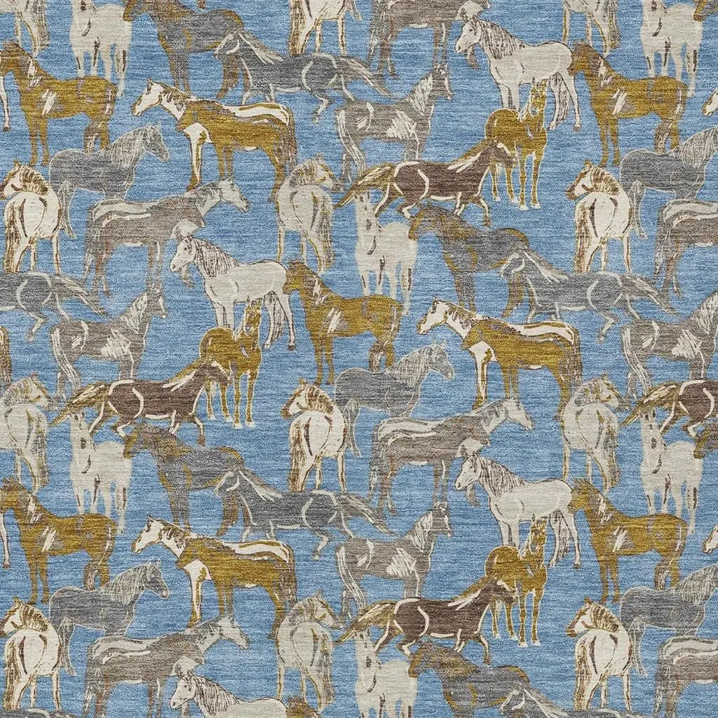3' X 5' Denim Blue And Beige Horse Washable Indoor Outdoor Area Rug Homeroots Outdoor