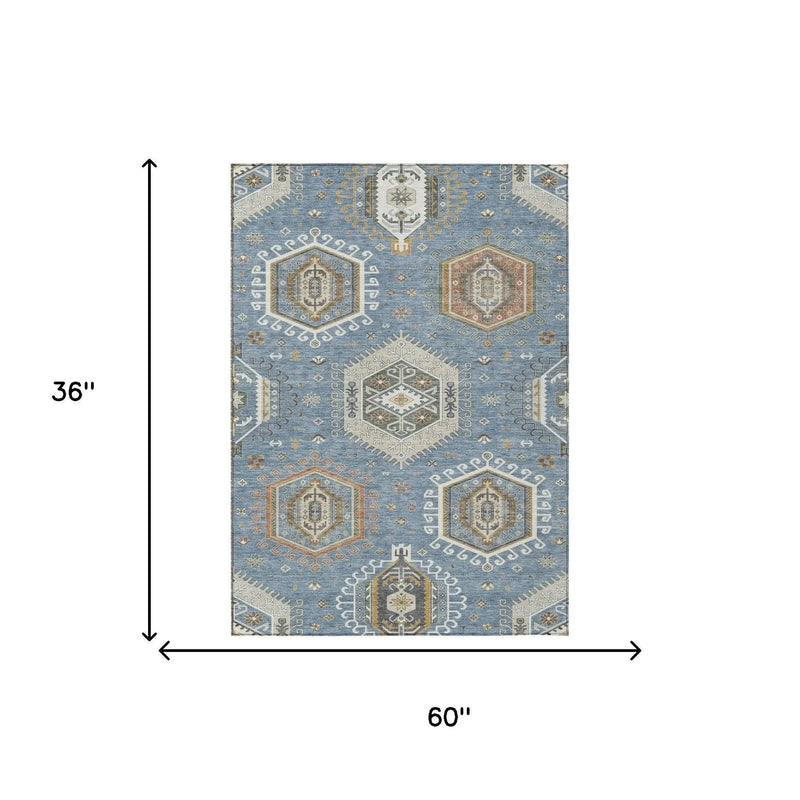 3' X 5' Denim Blue And Beige Tribal Washable Indoor Outdoor Area Rug Homeroots Outdoor
