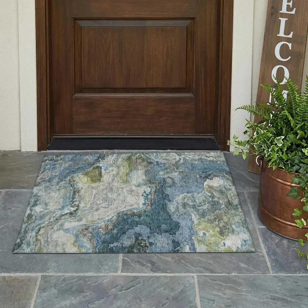 3' X 5' Denim Blue And Blue Abstract Washable Indoor Outdoor Area Rug Homeroots Outdoor