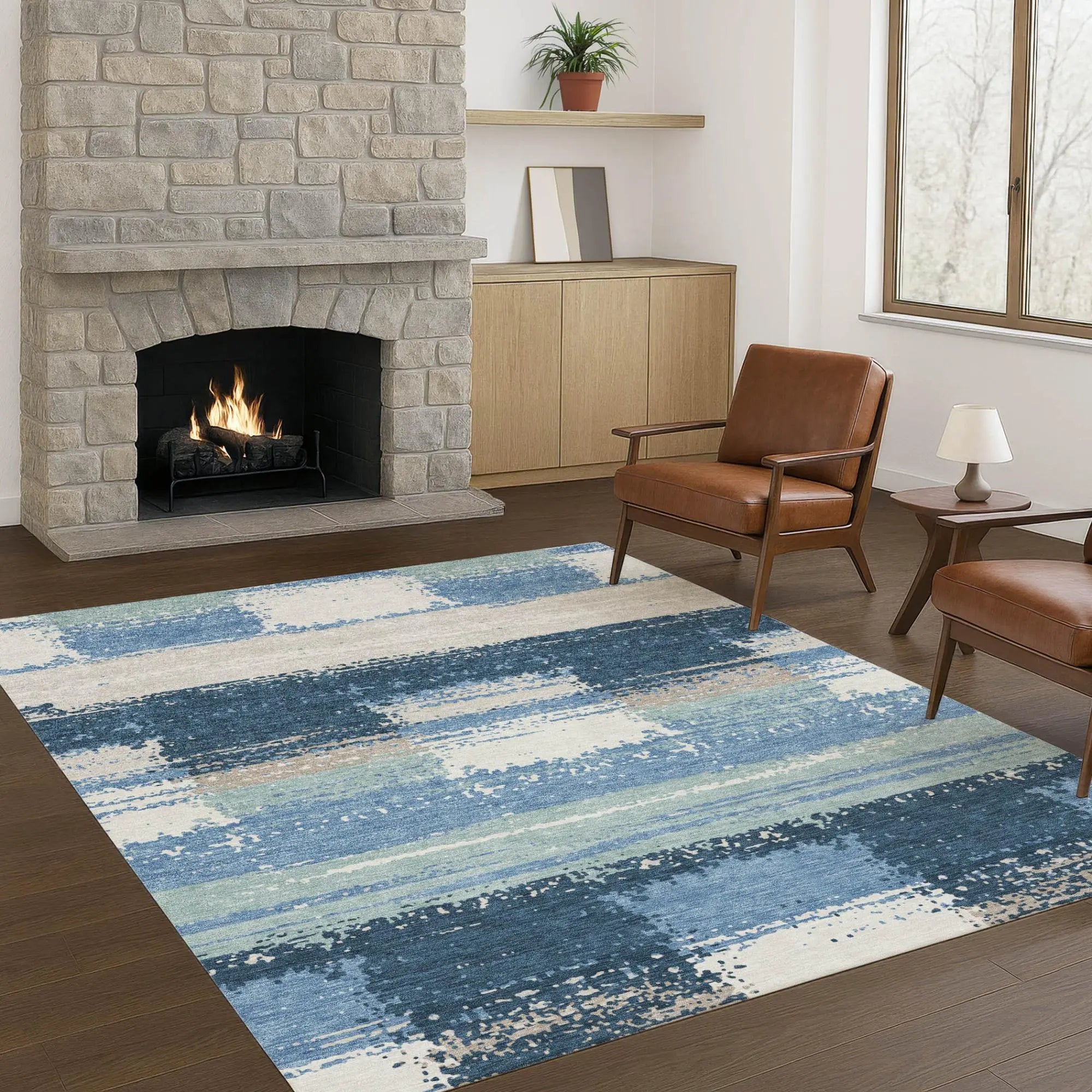 3' X 5' Denim Blue And Blue Geometric Washable Indoor Outdoor Area Rug Homeroots Outdoor