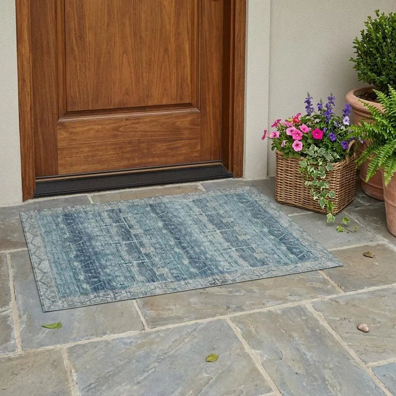 3' X 5' Denim Blue And Blue Tribal Washable Indoor Outdoor Area Rug Homeroots Outdoor