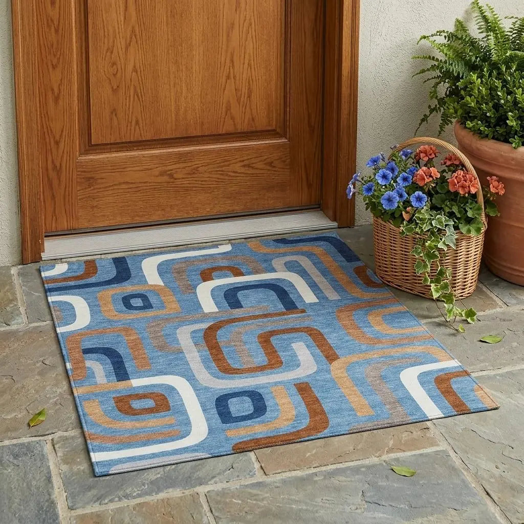 3' X 5' Denim Blue And Copper Geometric Washable Indoor Outdoor Area Rug Homeroots Outdoor