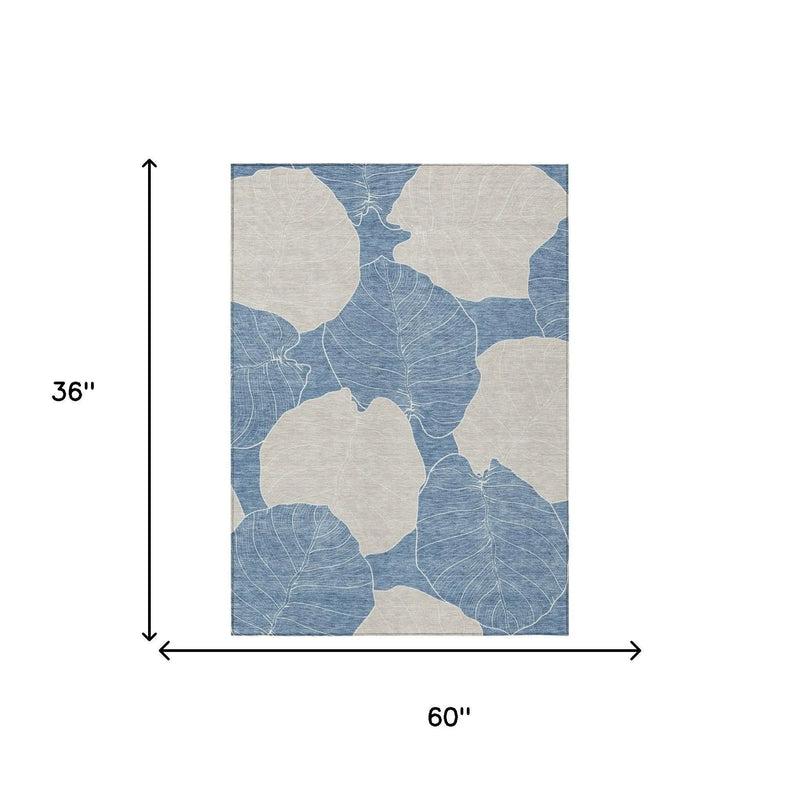 3' X 5' Denim Blue And Ivory Floral Washable Indoor Outdoor Area Rug Homeroots Outdoor