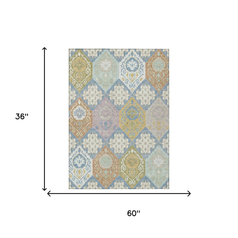 3' X 5' Denim Blue And Ivory Geometric Washable Indoor Outdoor Area Rug Homeroots Outdoor