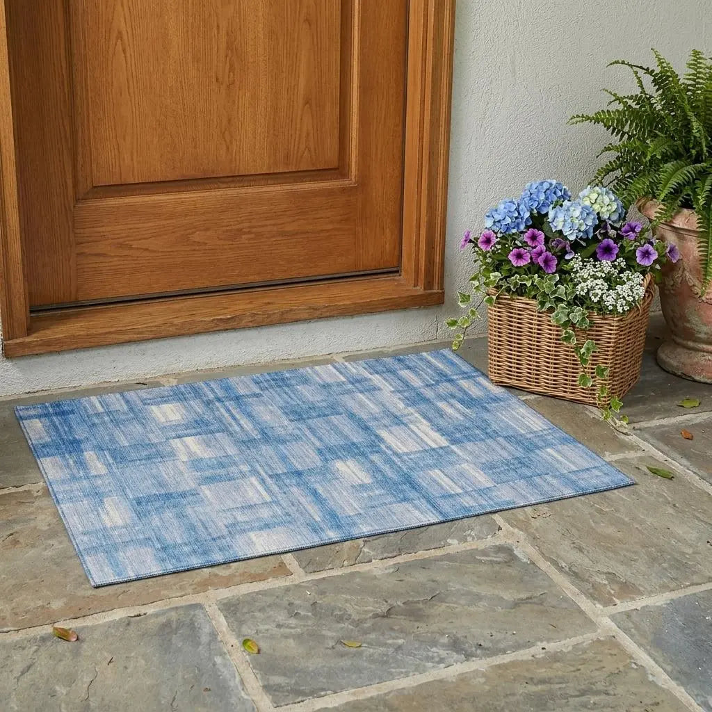3' X 5' Denim Blue And Ivory Striped Washable Indoor Outdoor Area Rug Homeroots Outdoor