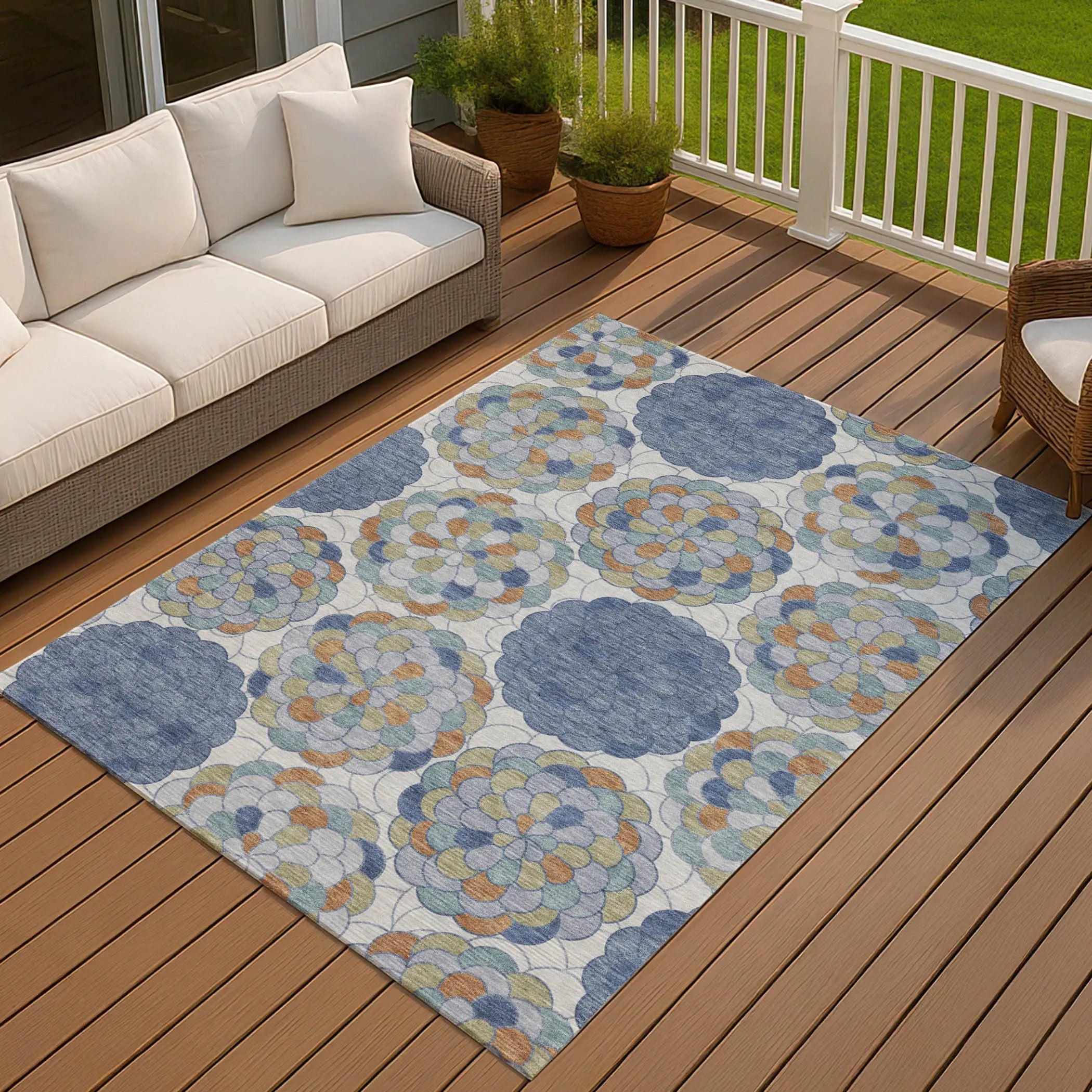 3' X 5' Denim Blue And Silver Floral Washable Indoor Outdoor Area Rug Homeroots Outdoor