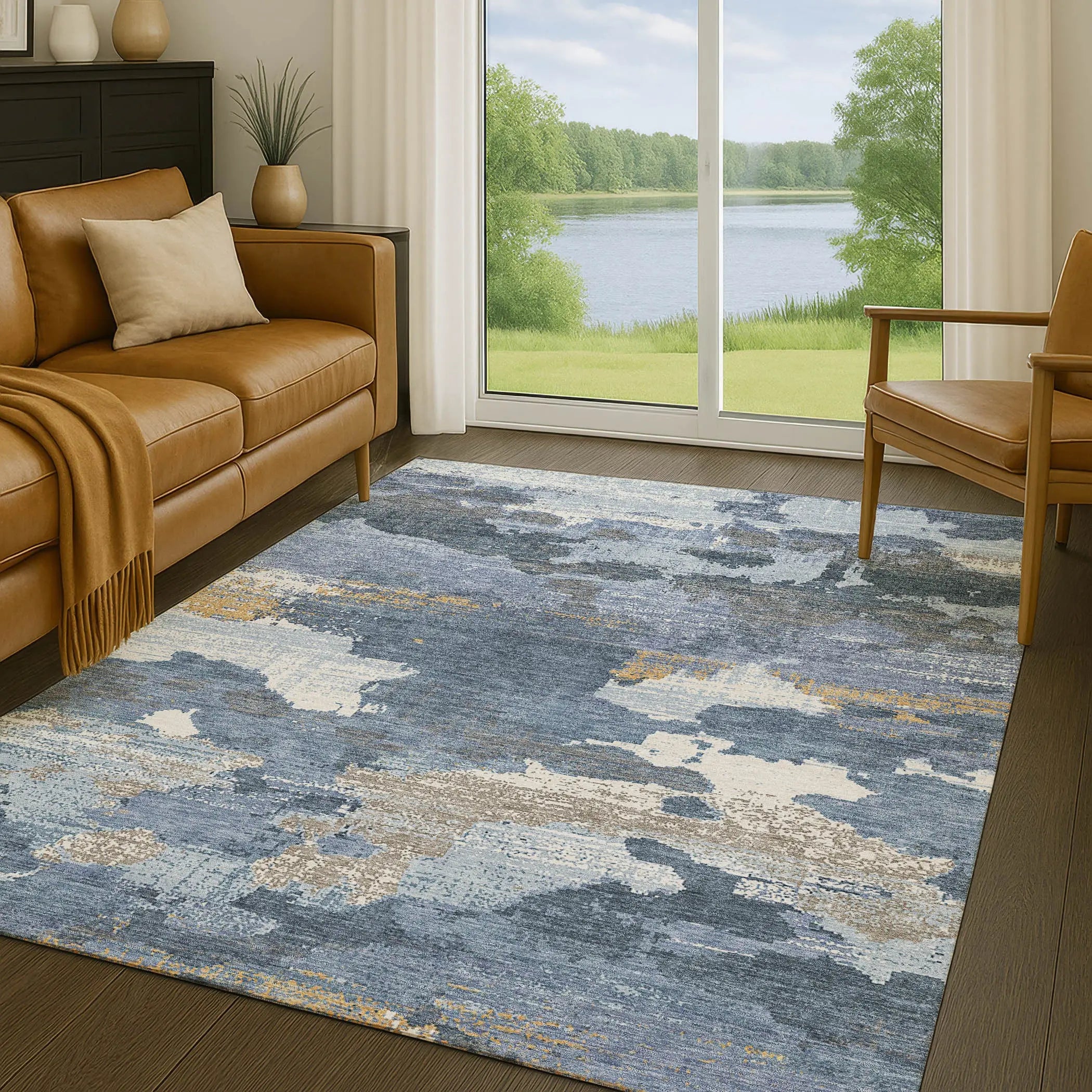 3' X 5' Denim Blue And Sky Blue Abstract Washable Indoor Outdoor Area Rug Homeroots Outdoor