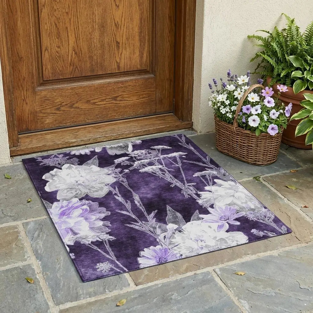 Purple floral area rug with soft fabric, perfect for entryways or patios, enhancing outdoor decor.