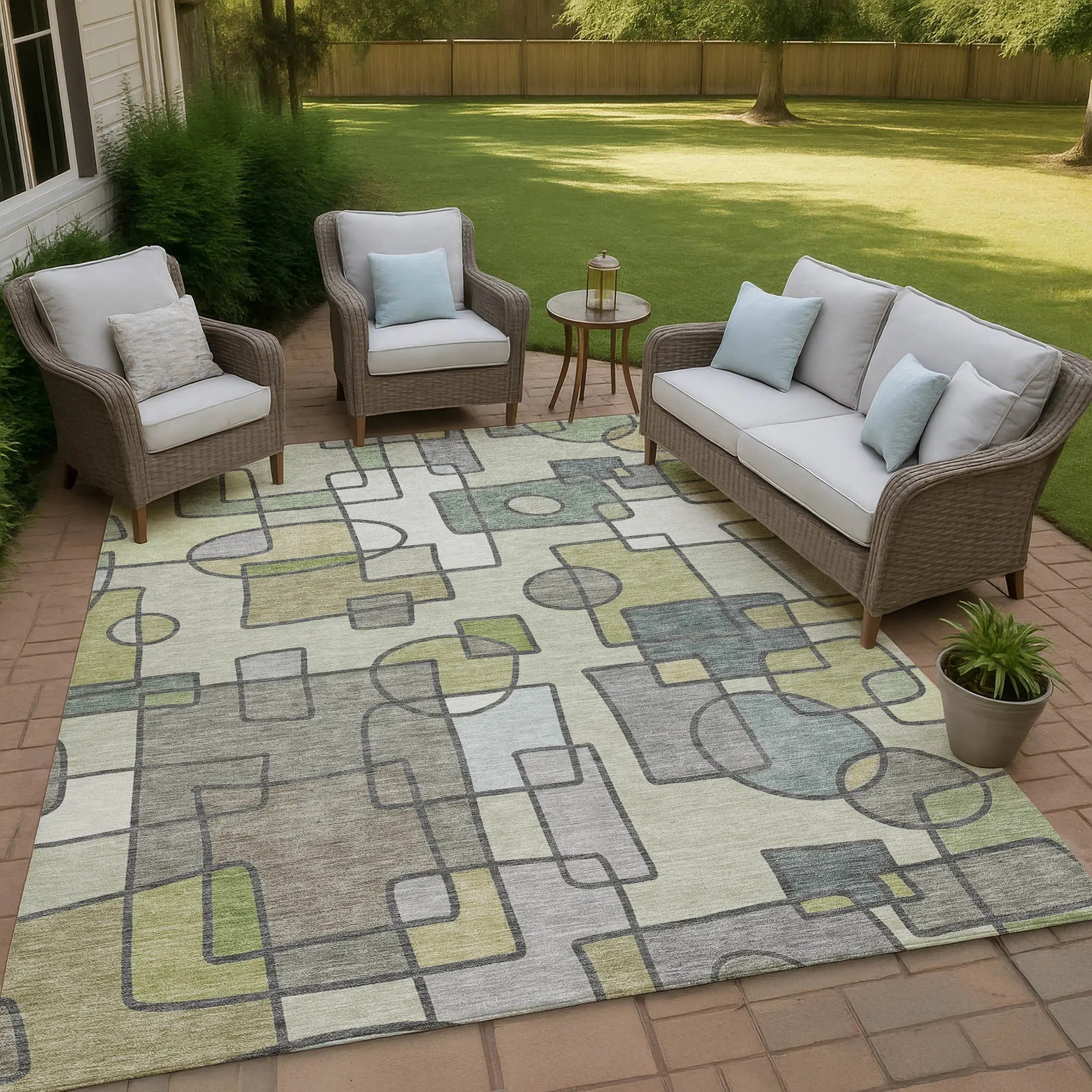 3' X 5' Fern Green And Green Geometric Washable Indoor Outdoor Area Rug Homeroots Outdoor