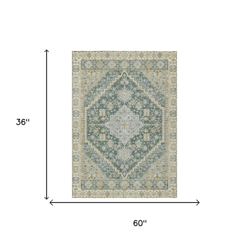 3' X 5' Fern Green And Green Oriental Washable Indoor Outdoor Area Rug Homeroots Outdoor