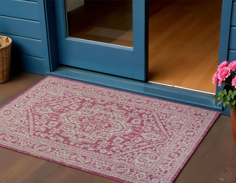 3' X 5' Fuchsia And Light Gray Medallion Indoor Outdoor Area Rug Homeroots Outdoor