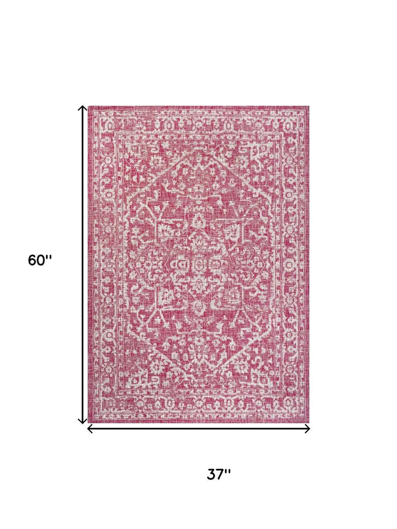 3' X 5' Fuchsia And Light Gray Medallion Indoor Outdoor Area Rug Homeroots Outdoor
