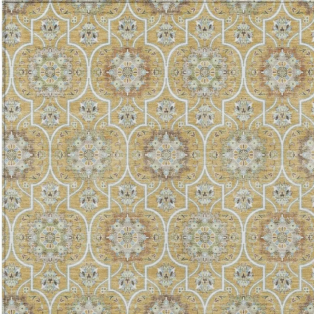3' X 5' Gold And Beige Floral Medallion Washable Indoor Outdoor Area Rug Homeroots Outdoor
