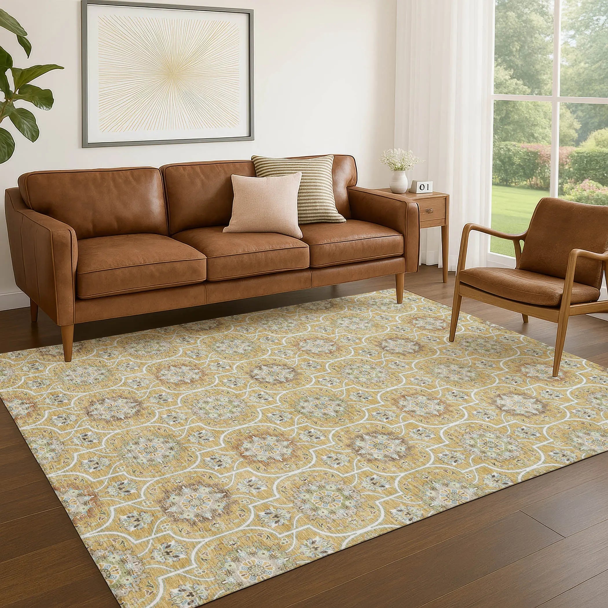 3' X 5' Gold And Beige Floral Medallion Washable Indoor Outdoor Area Rug Homeroots Outdoor