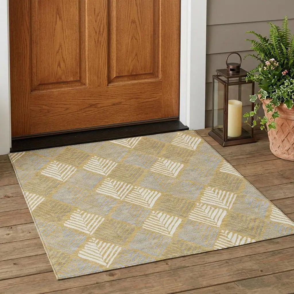 3' X 5' Gold And Beige Geometric Washable Indoor Outdoor Area Rug Homeroots Outdoor