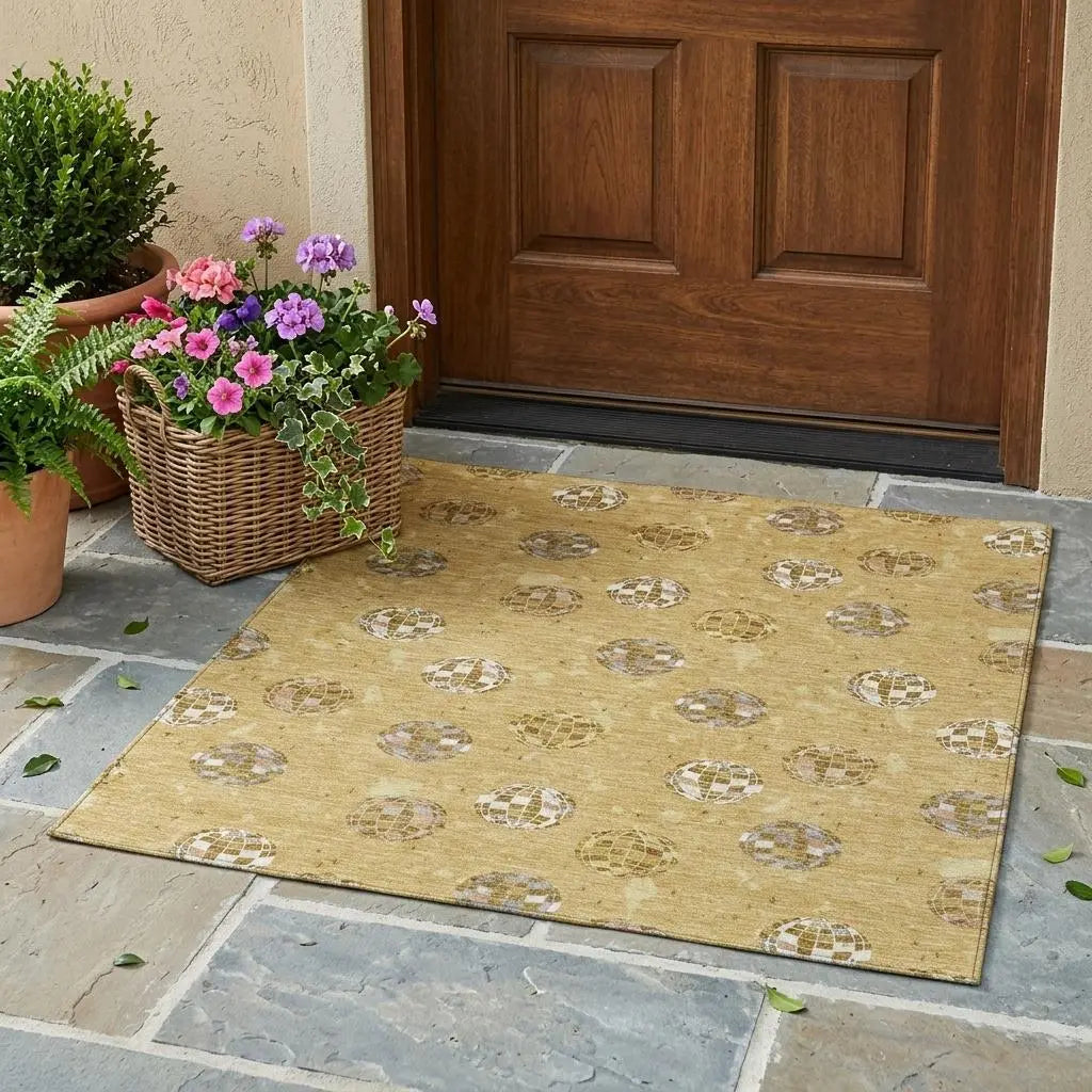 3' X 5' Gold And Blue Geometric Washable Indoor Outdoor Area Rug Homeroots Outdoor