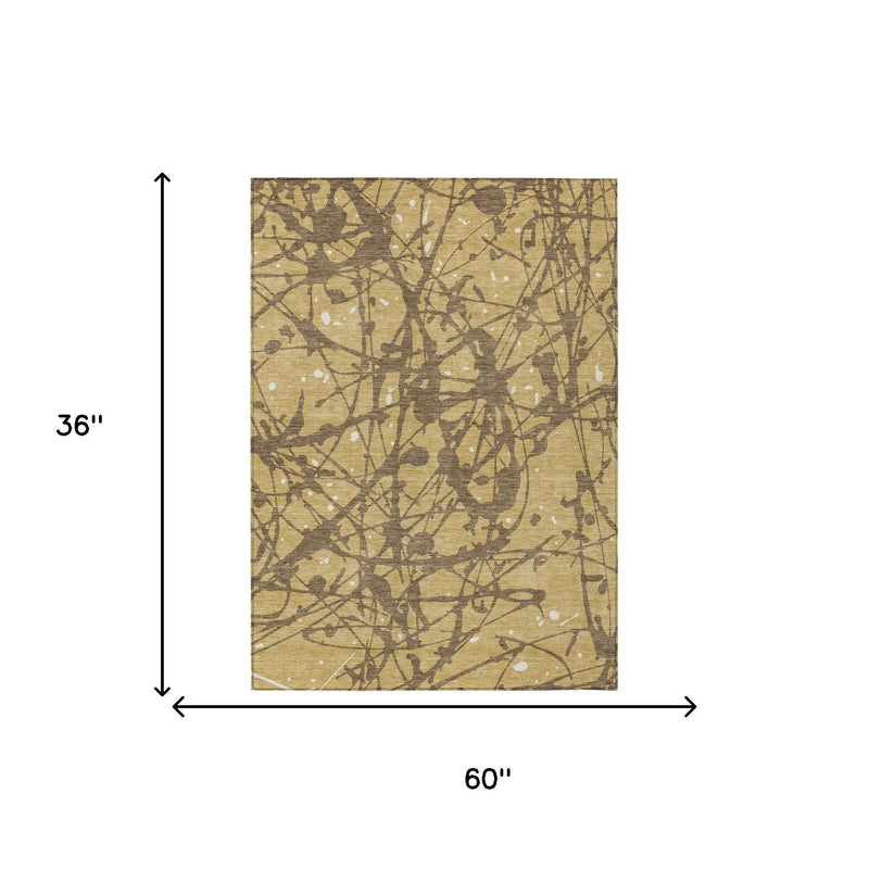 3' X 5' Gold And Brown Abstract Washable Indoor Outdoor Area Rug Homeroots Outdoor