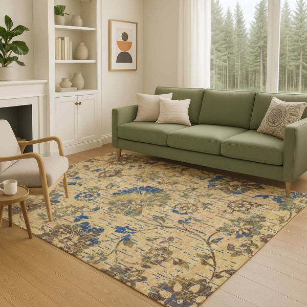 3' X 5' Gold And Brown Floral Washable Indoor Outdoor Area Rug Homeroots Outdoor