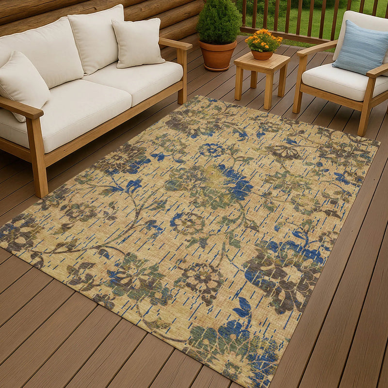 3' X 5' Gold And Brown Floral Washable Indoor Outdoor Area Rug Homeroots Outdoor