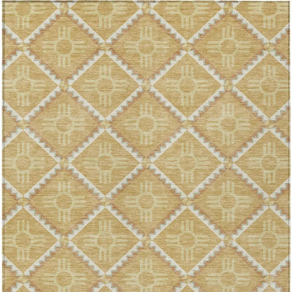 3' X 5' Gold And Brown Geometric Washable Indoor Outdoor Area Rug Homeroots Outdoor