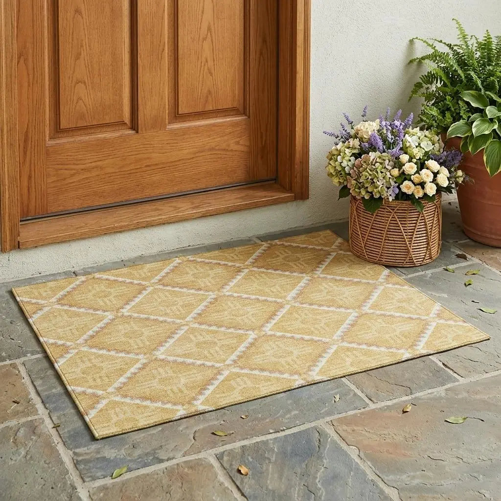 3' X 5' Gold And Brown Geometric Washable Indoor Outdoor Area Rug Homeroots Outdoor