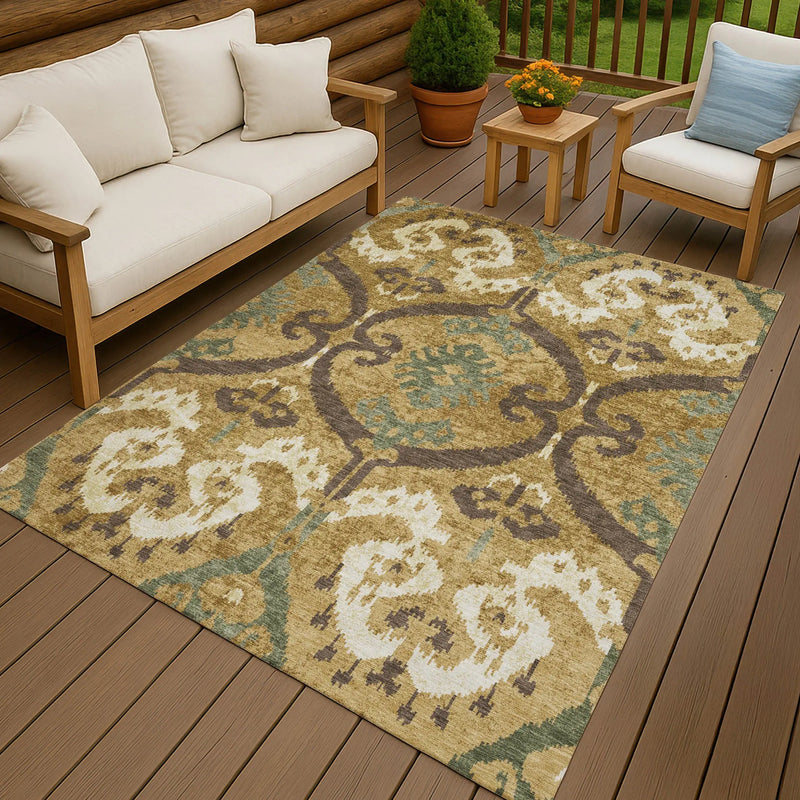 3' X 5' Gold And Brown Ikat Washable Indoor Outdoor Area Rug Homeroots Outdoor
