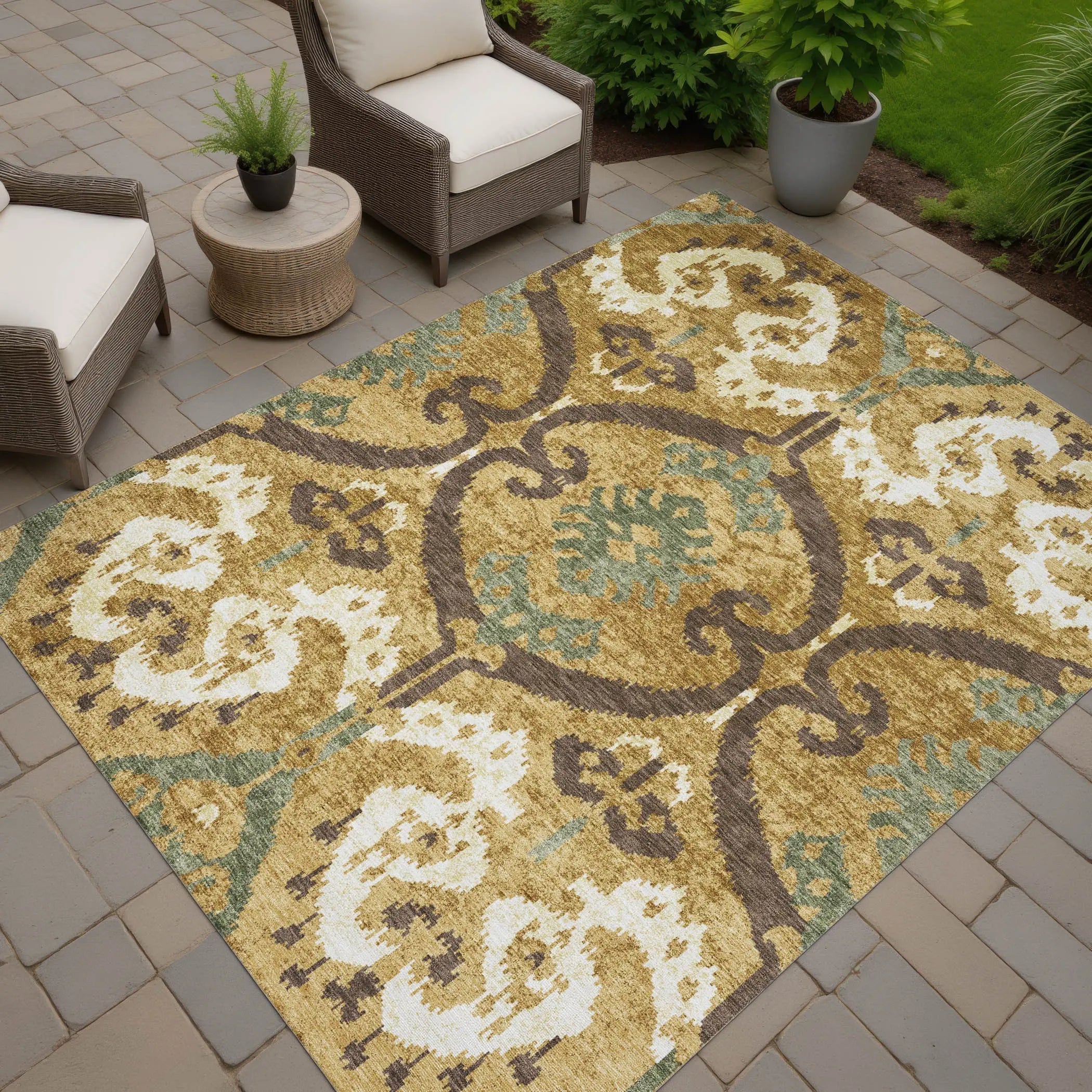 3' X 5' Gold And Brown Ikat Washable Indoor Outdoor Area Rug Homeroots Outdoor