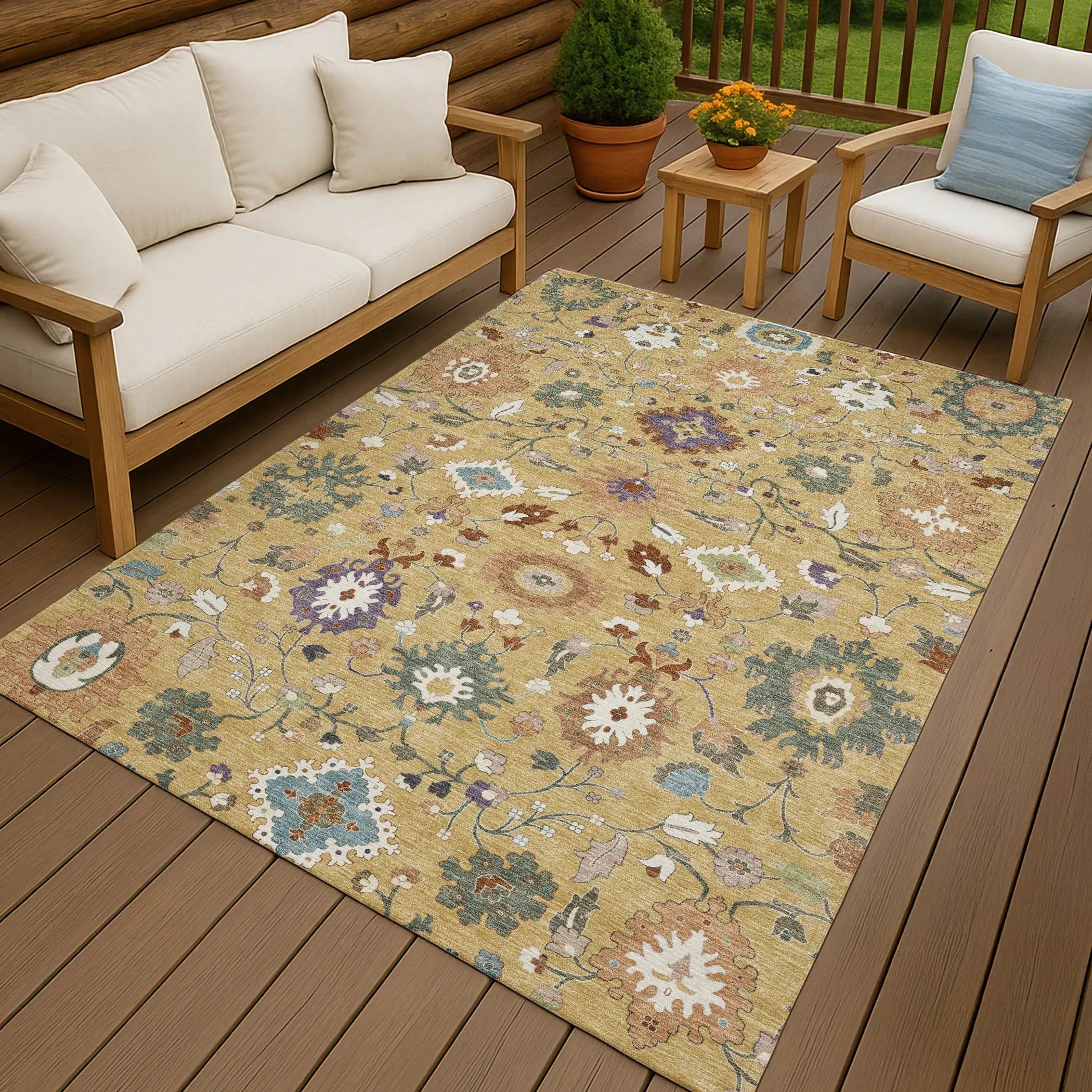 3' X 5' Gold And Copper Floral Medallion Washable Indoor Outdoor Area Rug Homeroots Outdoor