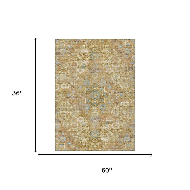 3' X 5' Gold And Copper Floral Medallion Washable Indoor Outdoor Area Rug Homeroots Outdoor