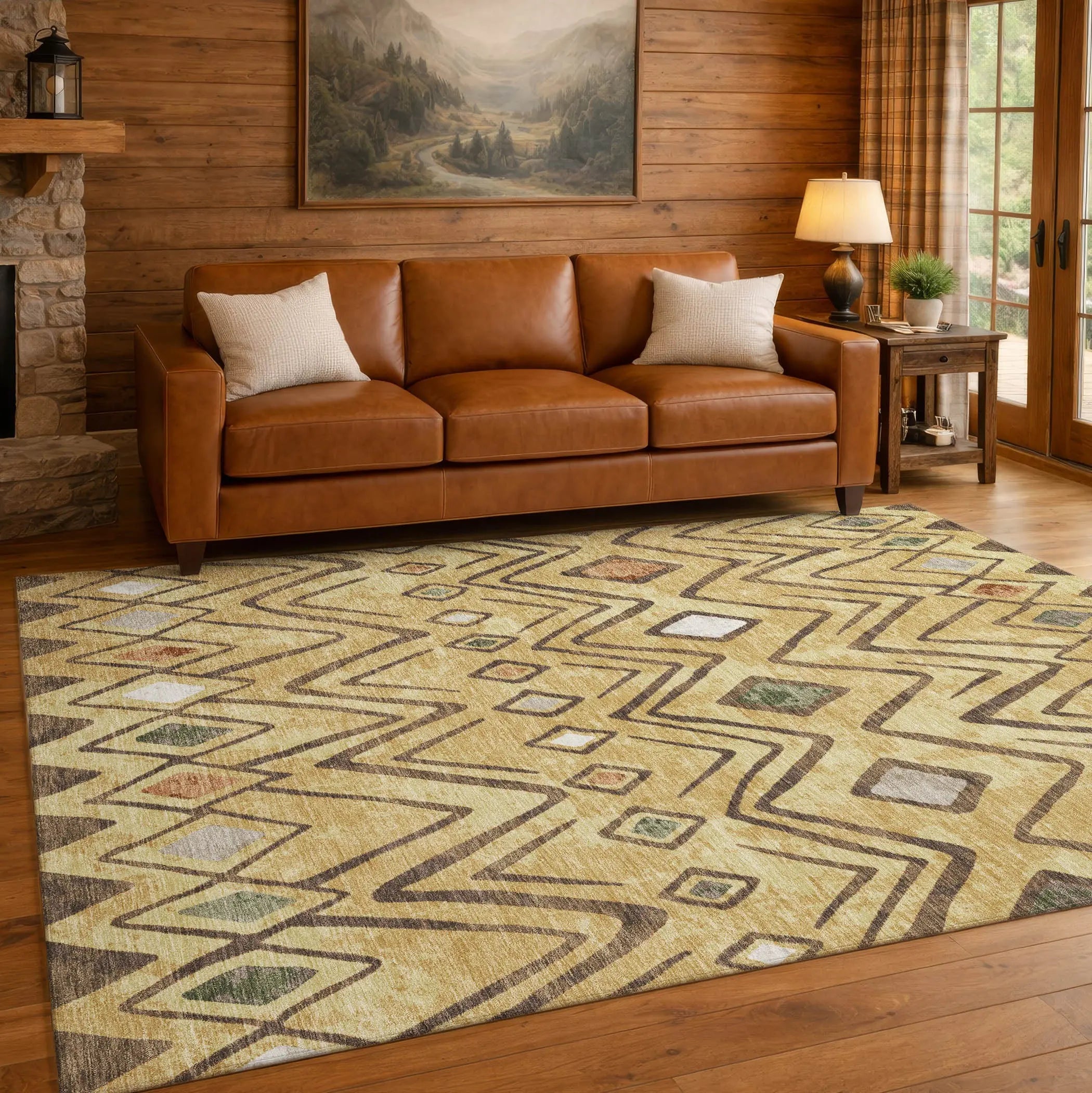 3' X 5' Gold And Green Geometric Washable Indoor Outdoor Area Rug Homeroots Outdoor