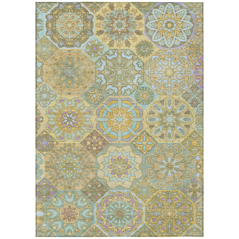 Multicolored geometric patterned area rug in pastel shades of blue, yellow, and purple, crafted from durable woven material.
