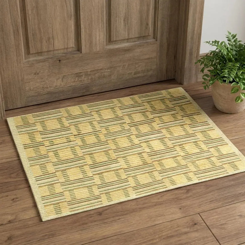 3' X 5' Gold And Green Wool Checkered Hand Knotted Area Rug With Fringe Homeroots Home Decor