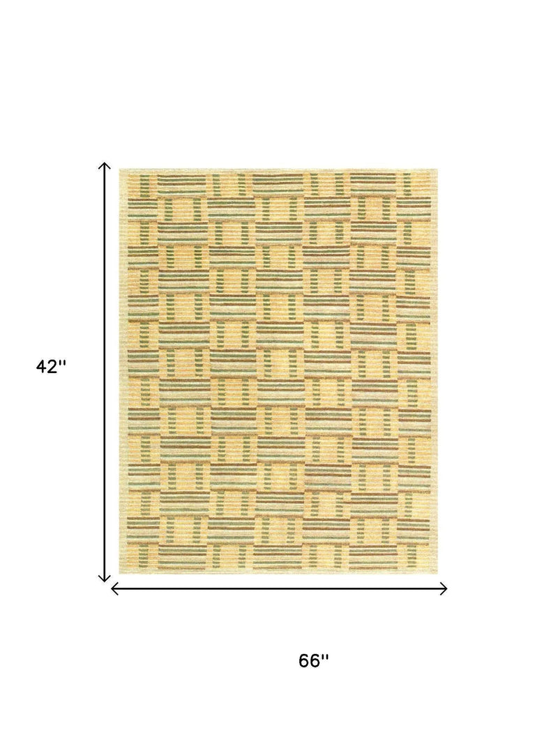 3' X 5' Gold And Green Wool Checkered Hand Knotted Area Rug With Fringe Homeroots Home Decor