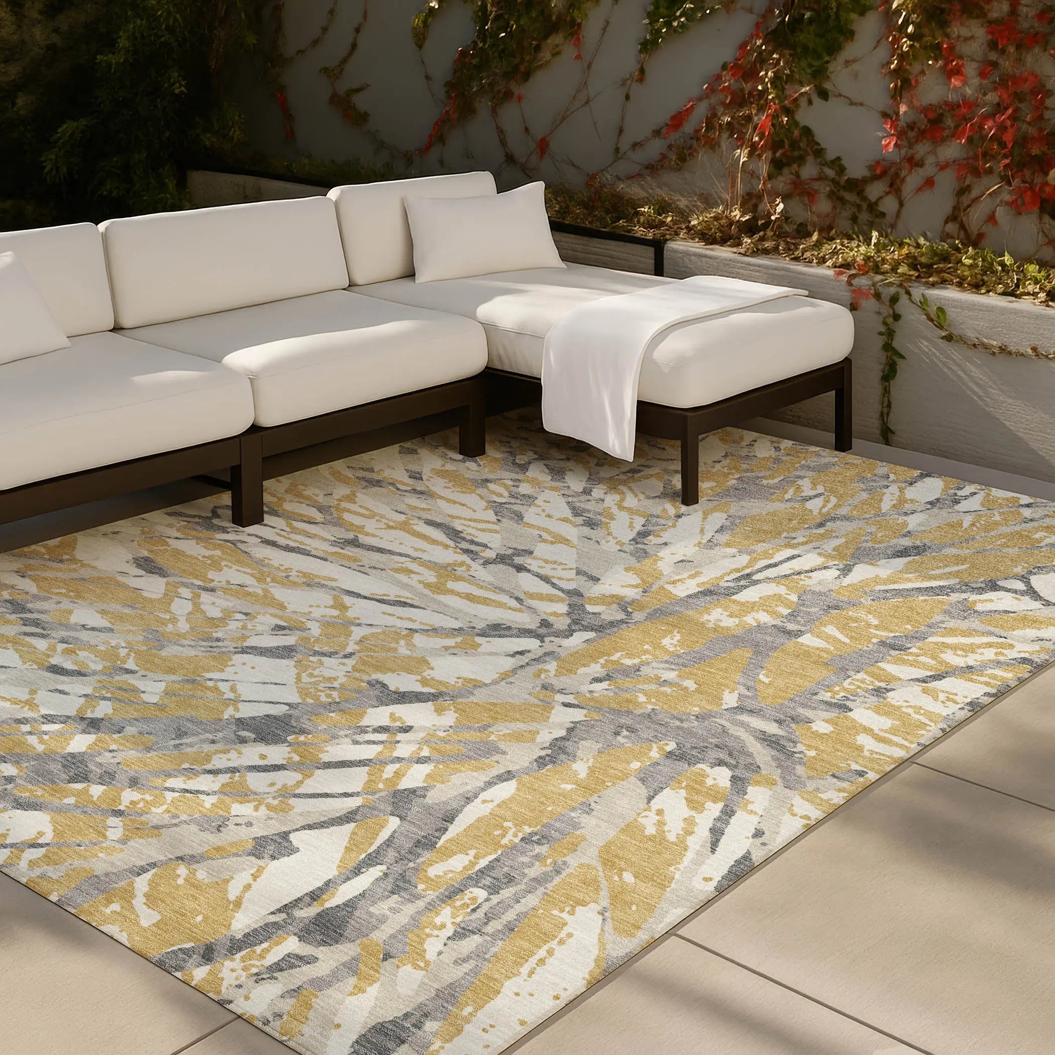 3' X 5' Gold And Ivory Abstract Washable Indoor Outdoor Area Rug Homeroots Outdoor